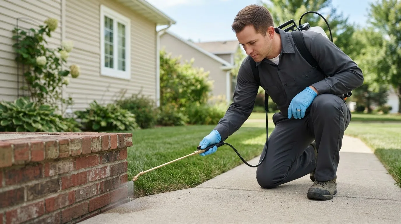 Pest control technician treating a home near Fayette City, PA